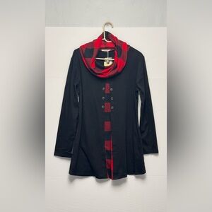 Bebonnie Cotton Cowl Neck Black and Red Plaid Buttoned Tunic New With Tags